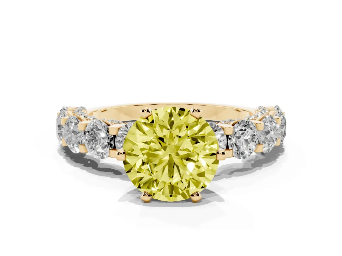 Fancy Yellow Round Cut Diamond Side Stone Engagement Ring with Four-Prong Setting Yellow gold