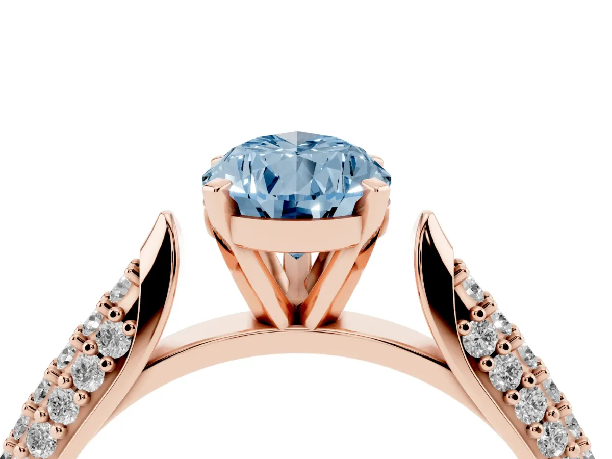 Fancy Blue Pear Cut Diamond Solitaire Engagement Ring with Multi-Row Round Pavé Band and Prong Setting Rose gold