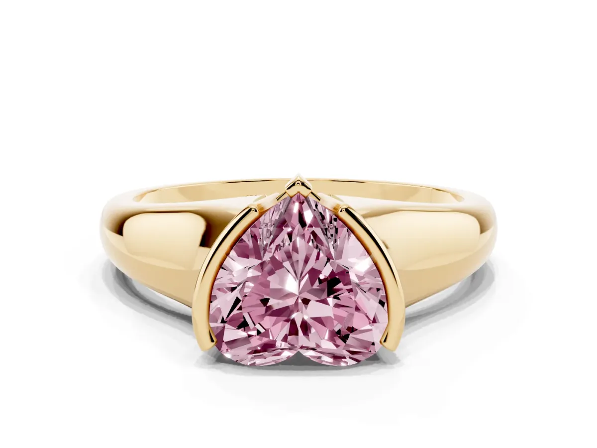 Fancy Pink Heart Cut Solitaire Tension Set Diamond Ring with Split Shank Band Yellow gold