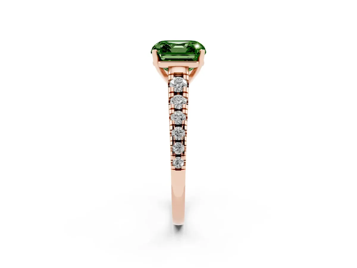 Fancy Green Asscher Cut Diamond Cathedral Solitaire Ring with Round Pavé Band Rose gold