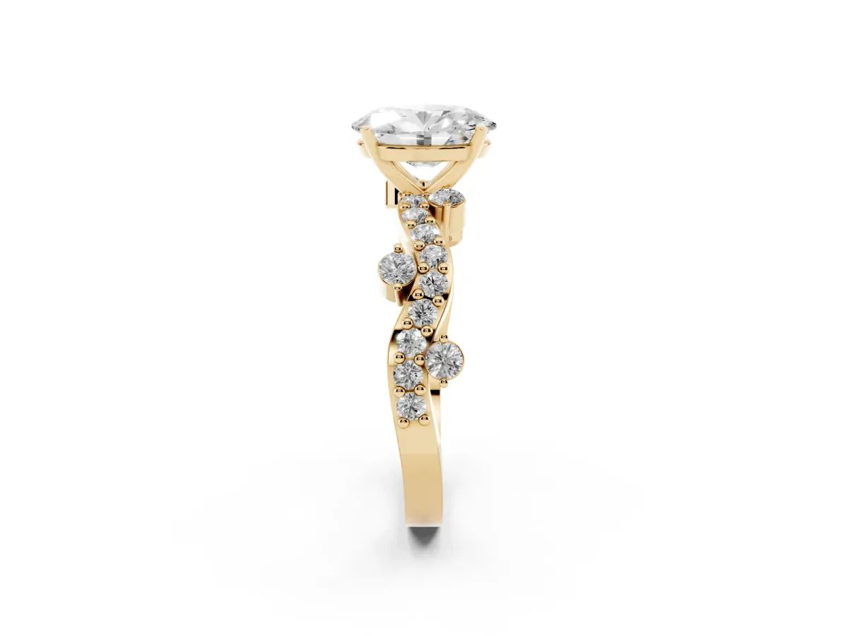 Oval Cut Cut Solitaire Diamond Twisted Band with Pave Setting Yellow gold