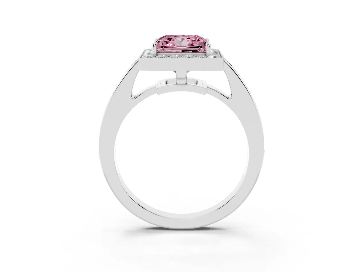 Fancy Pink Princess Cut Halo Pavé Diamond Engagement Ring with Bezel Setting Silver