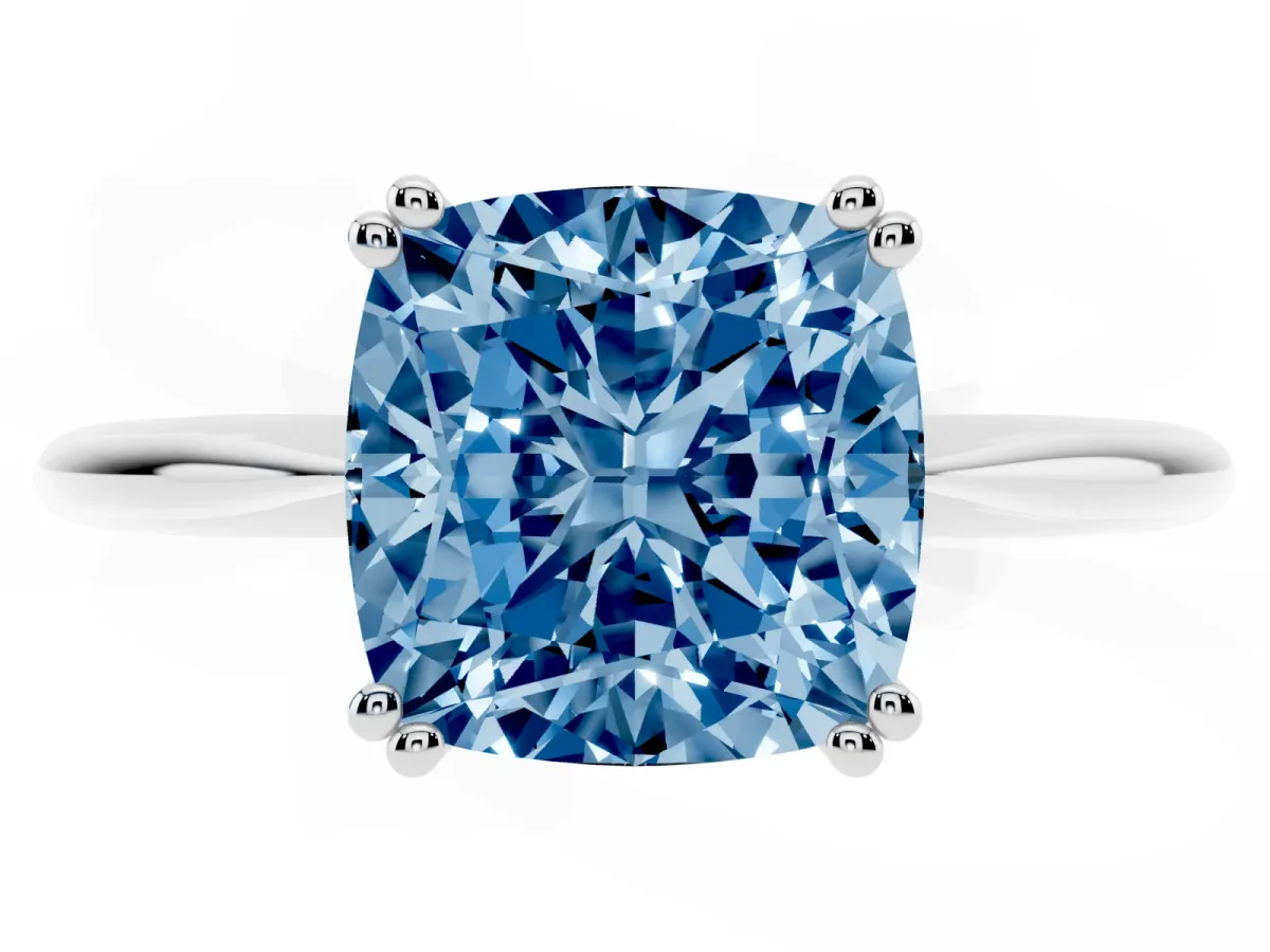 Fancy Blue Cushion Cut Solitaire Diamond Ring with Six-Prong Setting and Classic Band Silver