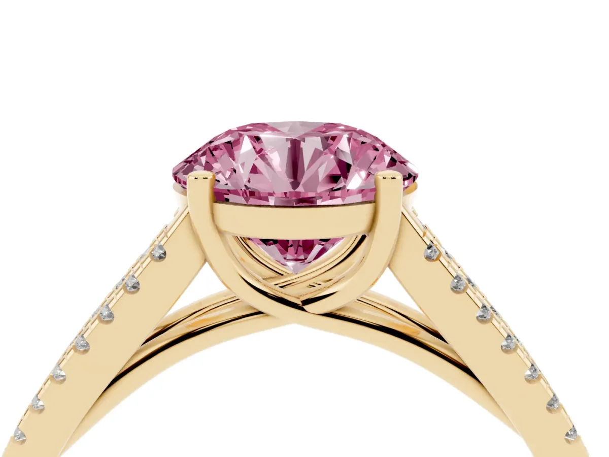 Fancy Pink Round Cut Diamond Solitaire Engagement Ring with Split Shank Pavé Band Yellow gold