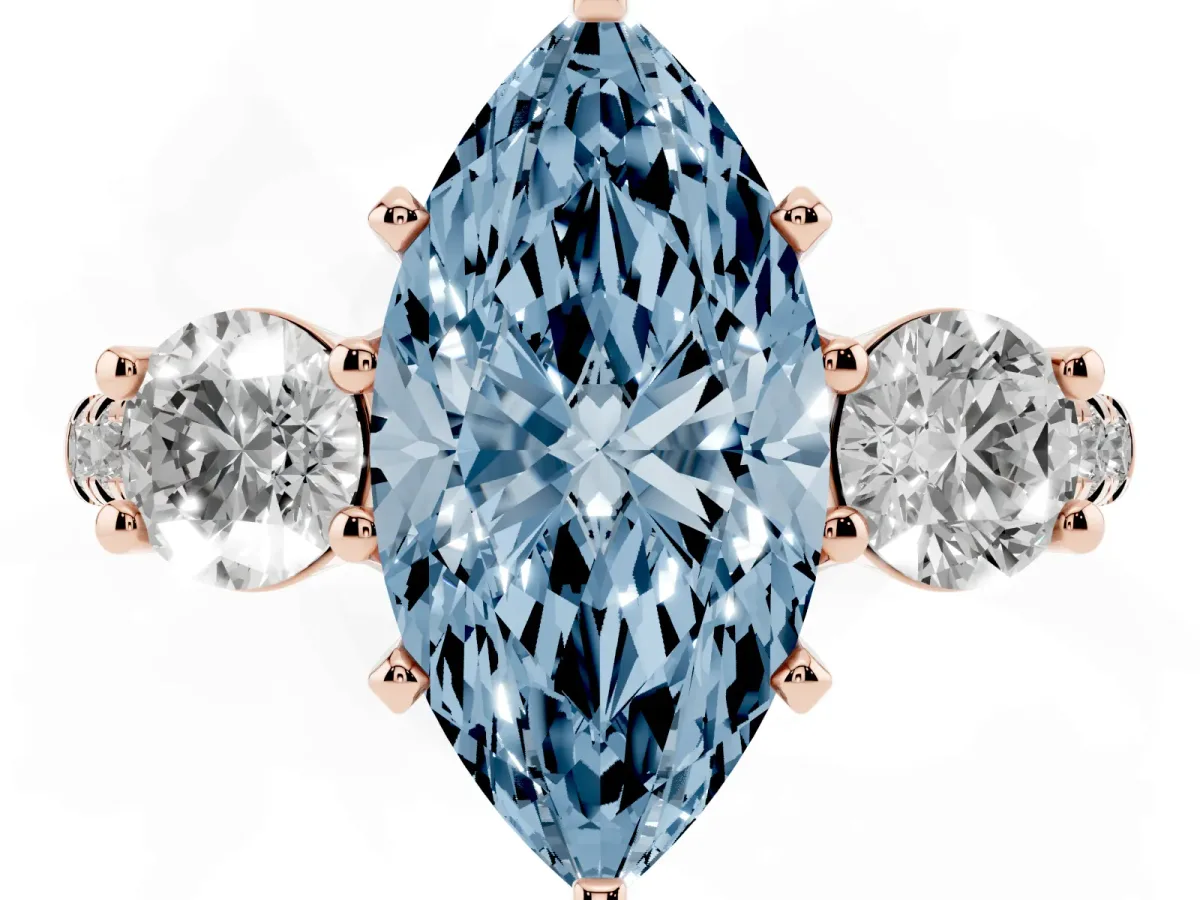 Fancy Blue Three-Stone Marquise Cut Diamond Pavé Band with Four-Prong Setting Rose gold