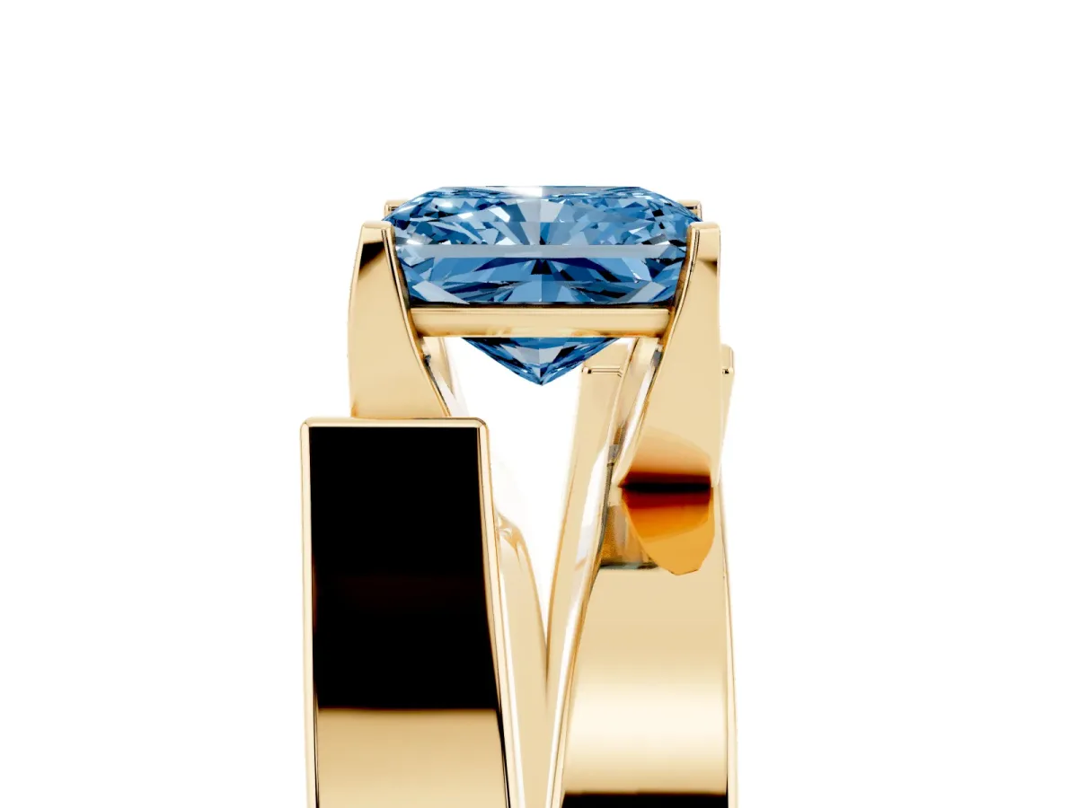 Fancy Blue Modern Tension Set Radiant Cut Diamond Solitaire Wide Band Ring Yellow gold