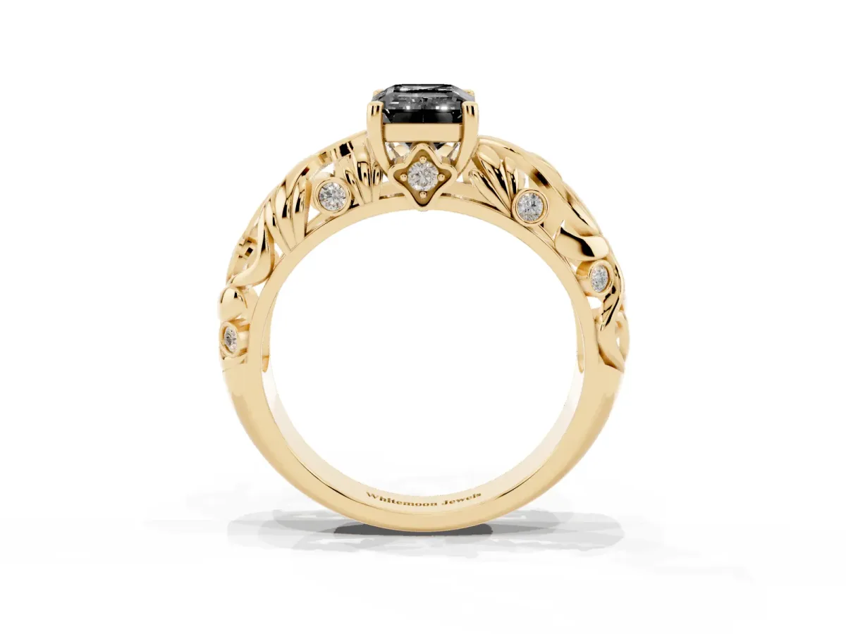 Fancy Black Emerald Cut Solitaire Diamond Leaf-Inspired Vine Band Ring with Prong Setting Yellow gold