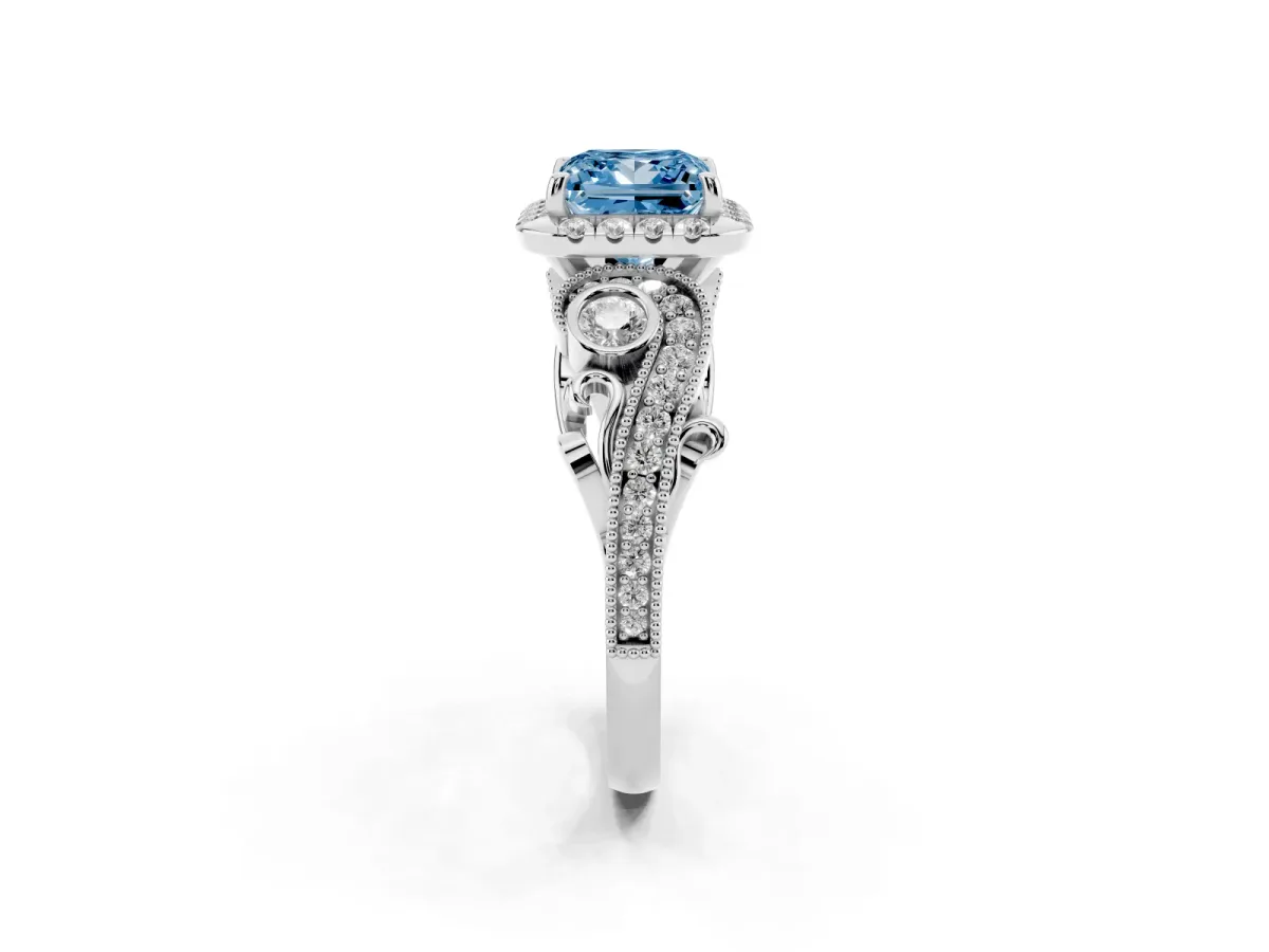 Fancy Blue Princess Cut Diamond Halo Ring with Milgrain Pavé Band and Four-Prong Setting White gold