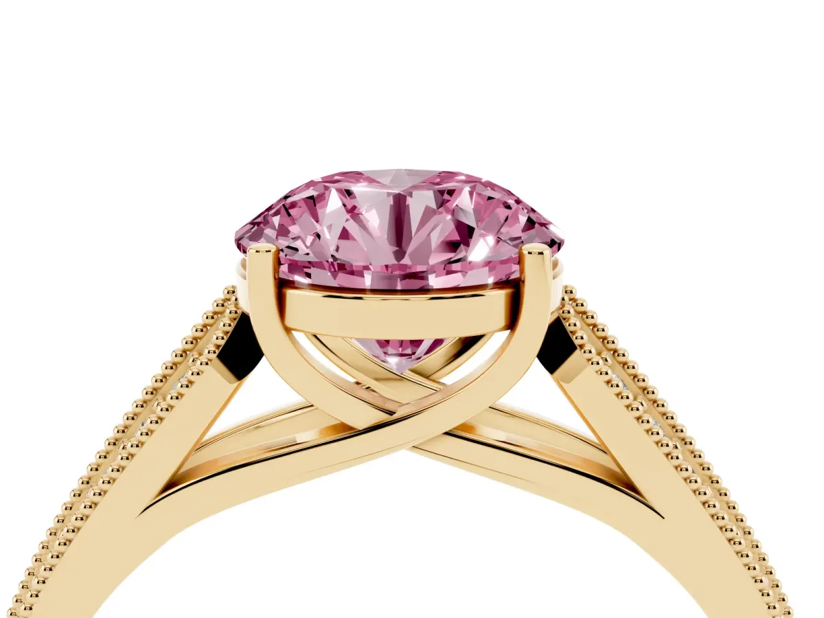 Fancy Pink Round Cut Cut Pave Split Shank Engagement Ring with Four-Prong Setting Yellow gold