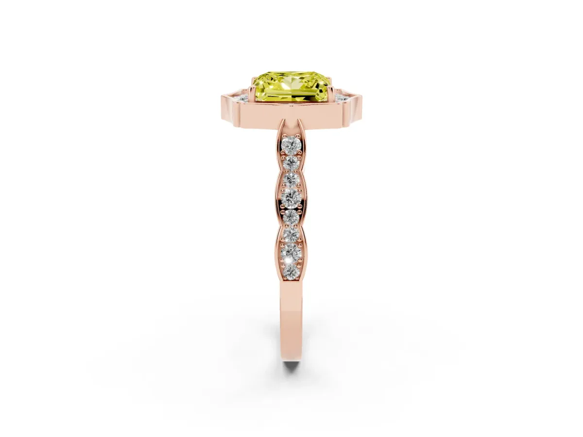 Fancy Yellow Princess Cut Halo Diamond Engagement Ring with Milgrain Band and Four-Prong Setting Rose gold