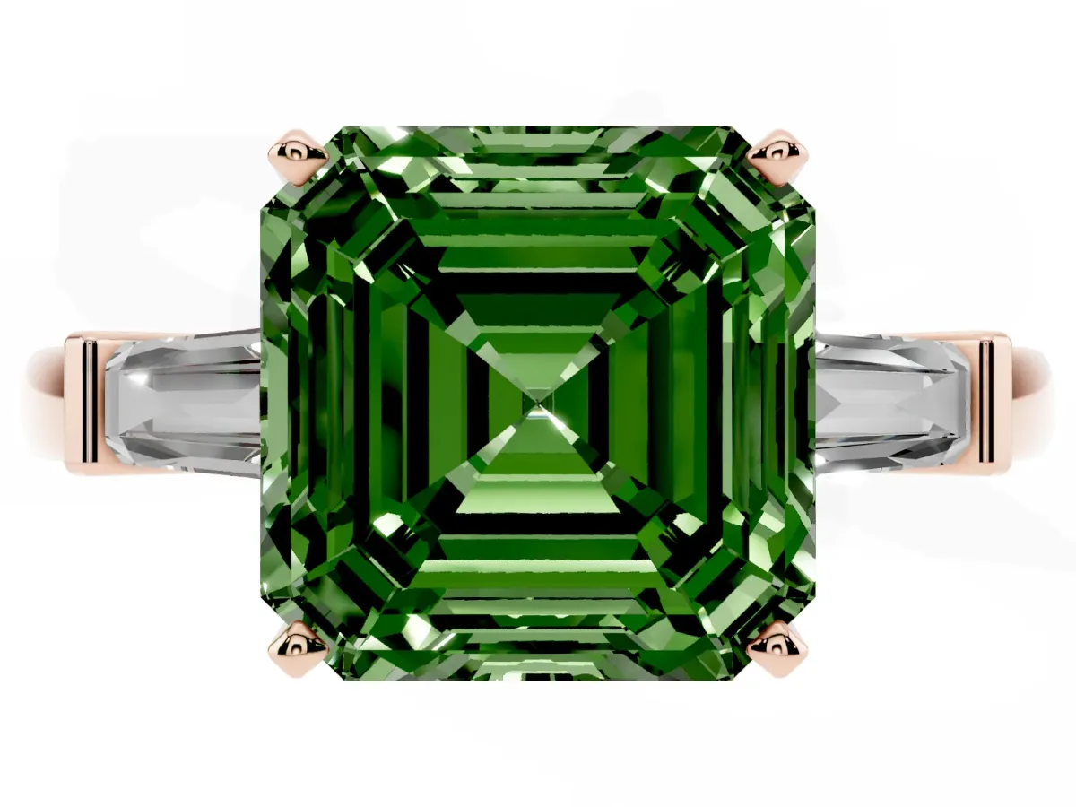Fancy Green Asscher Cut Cut Diamond Solitaire Ring with Tapered Baguette Accents and Four-Prong Setting Rose gold