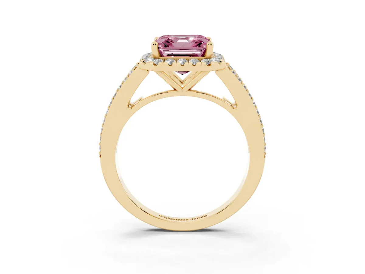 Fancy Pink Asscher Cut Halo Split Shank Diamond Ring with Prong Setting Yellow gold
