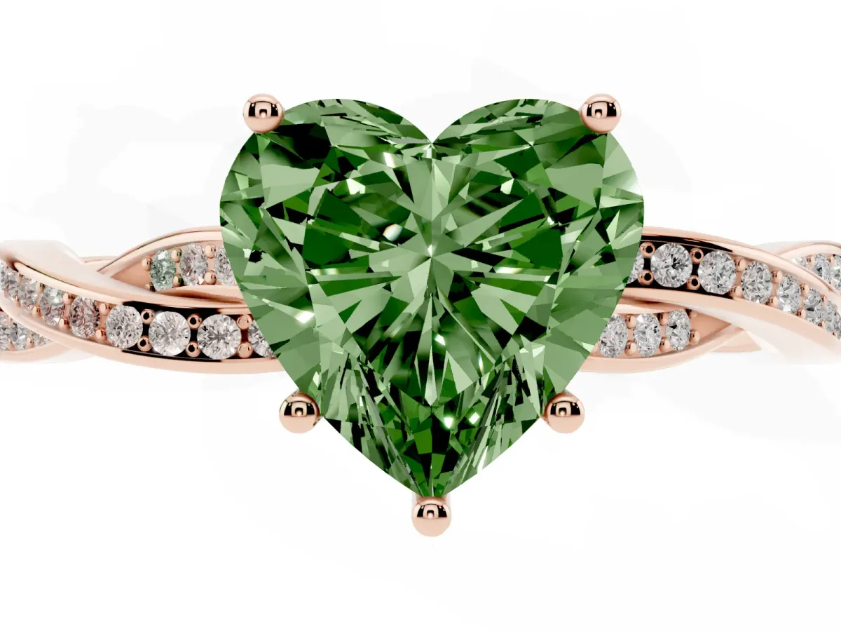 Fancy Green Heart Cut Solitaire Twisted Pave Diamond Ring with Four-Prong Setting Rose gold