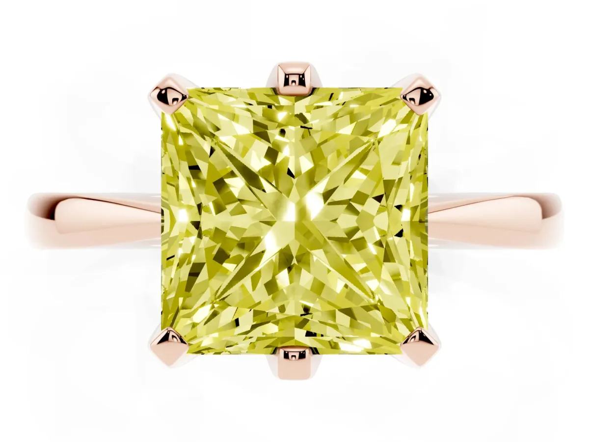 Fancy Yellow Princess Cut Solitaire Engagement Ring with Six-Prong Setting and Tapered Band Rose gold