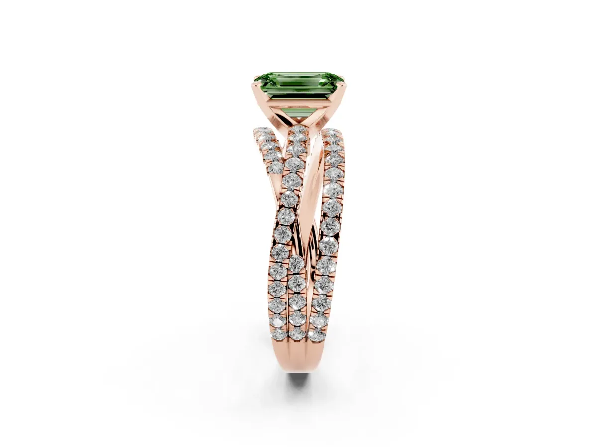 Fancy Green Emerald Cut Solitaire Twist Band with Pavé Setting and Four-Prong Setting Rose gold