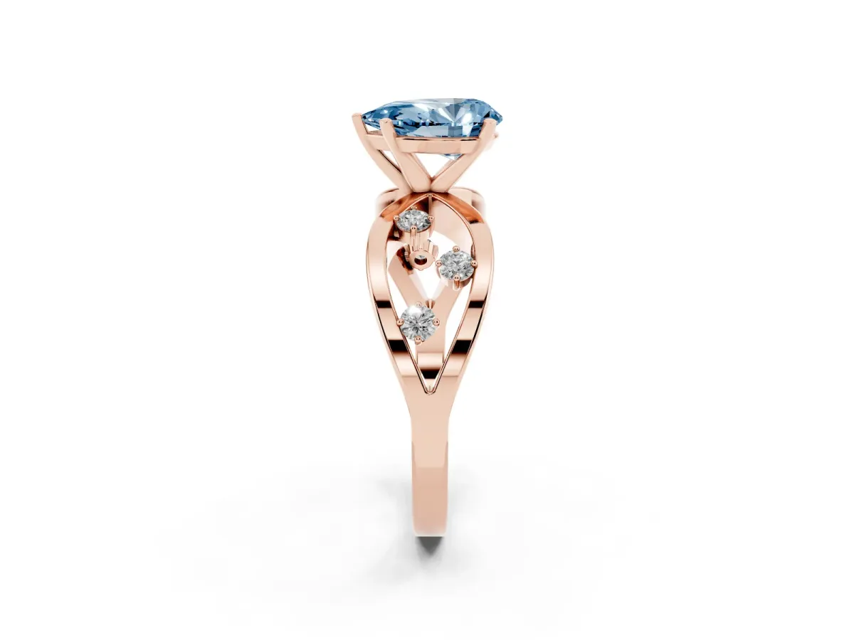 Fancy Blue Pear Cut Cut Solitaire Diamond with Side Stones on Criss-Cross Band and Four-Prong Setting Rose gold