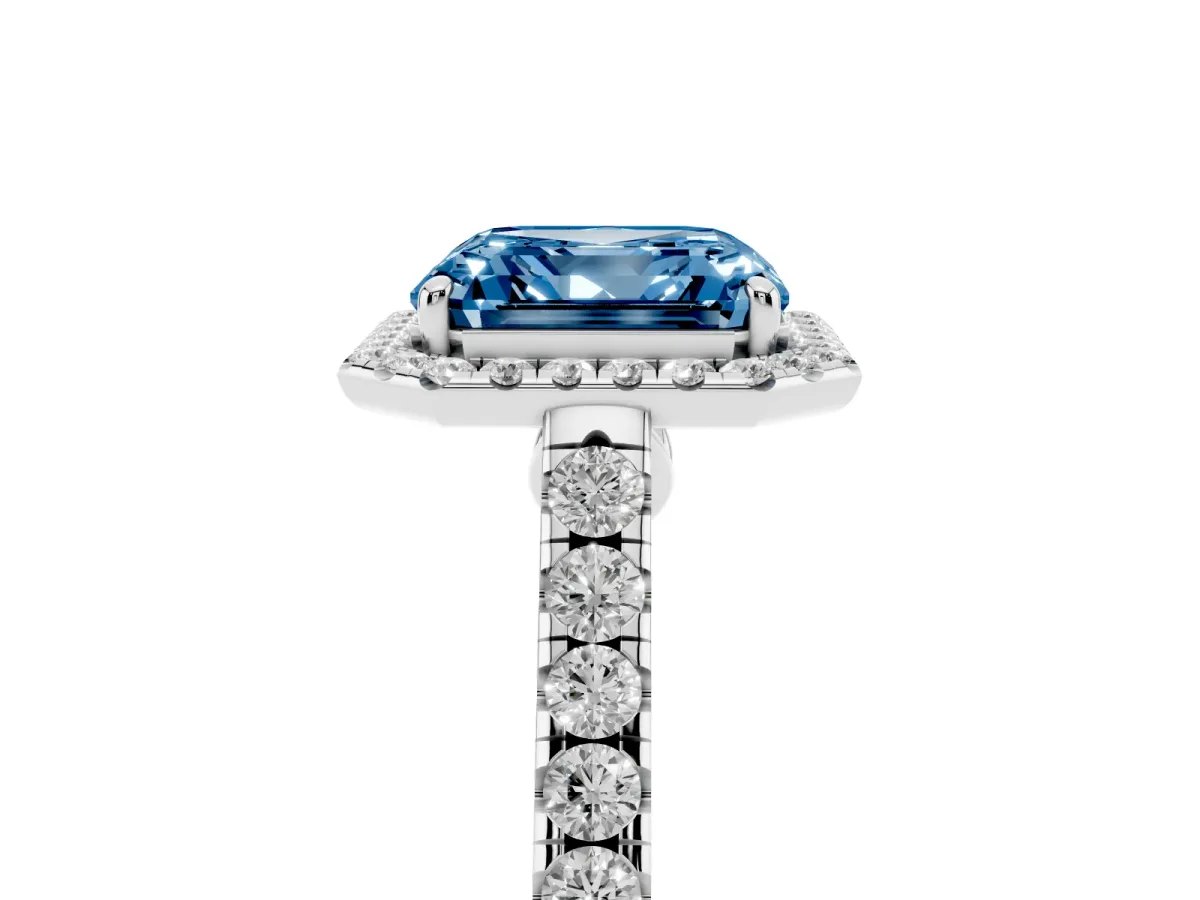 Fancy Blue Asscher Cut Halo Pave Diamond Engagement Ring with Four-Prong Setting Silver