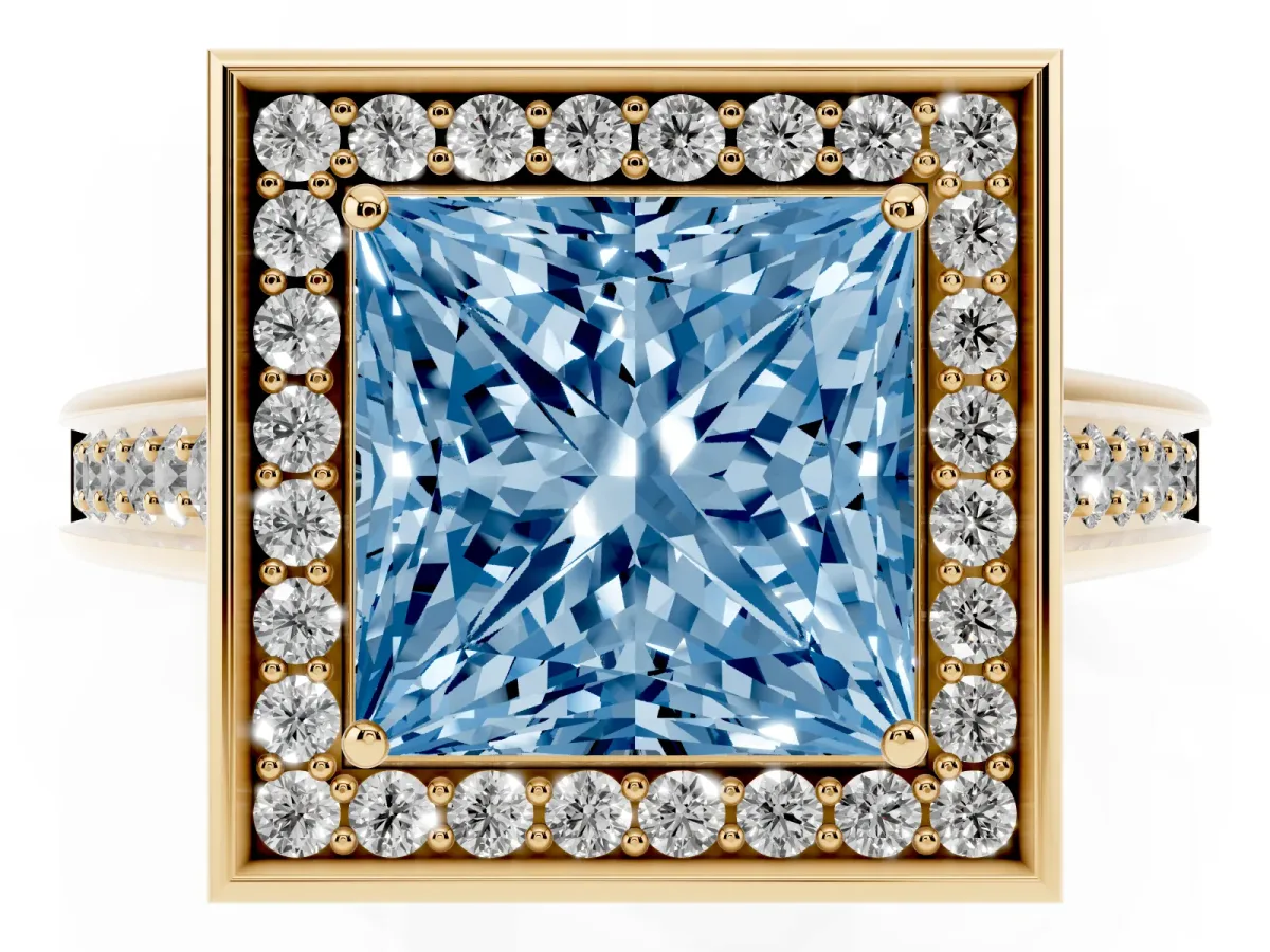 Fancy Blue Princess Cut Halo Solitaire Diamond Ring with Pave Band and Bezel Setting Yellow gold