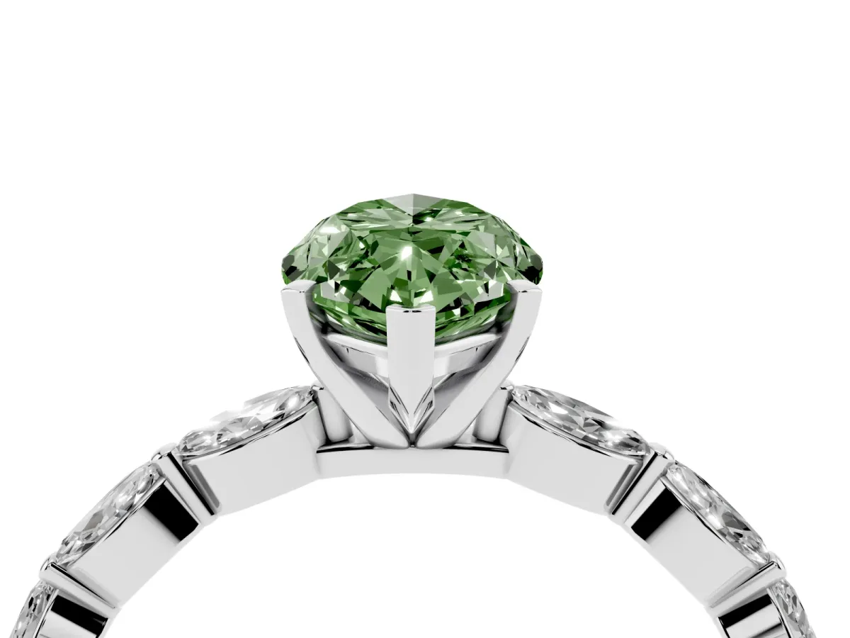Fancy Green Marquise Cut Diamond Ring with Marquise Side Stones and Prong Setting Platinum