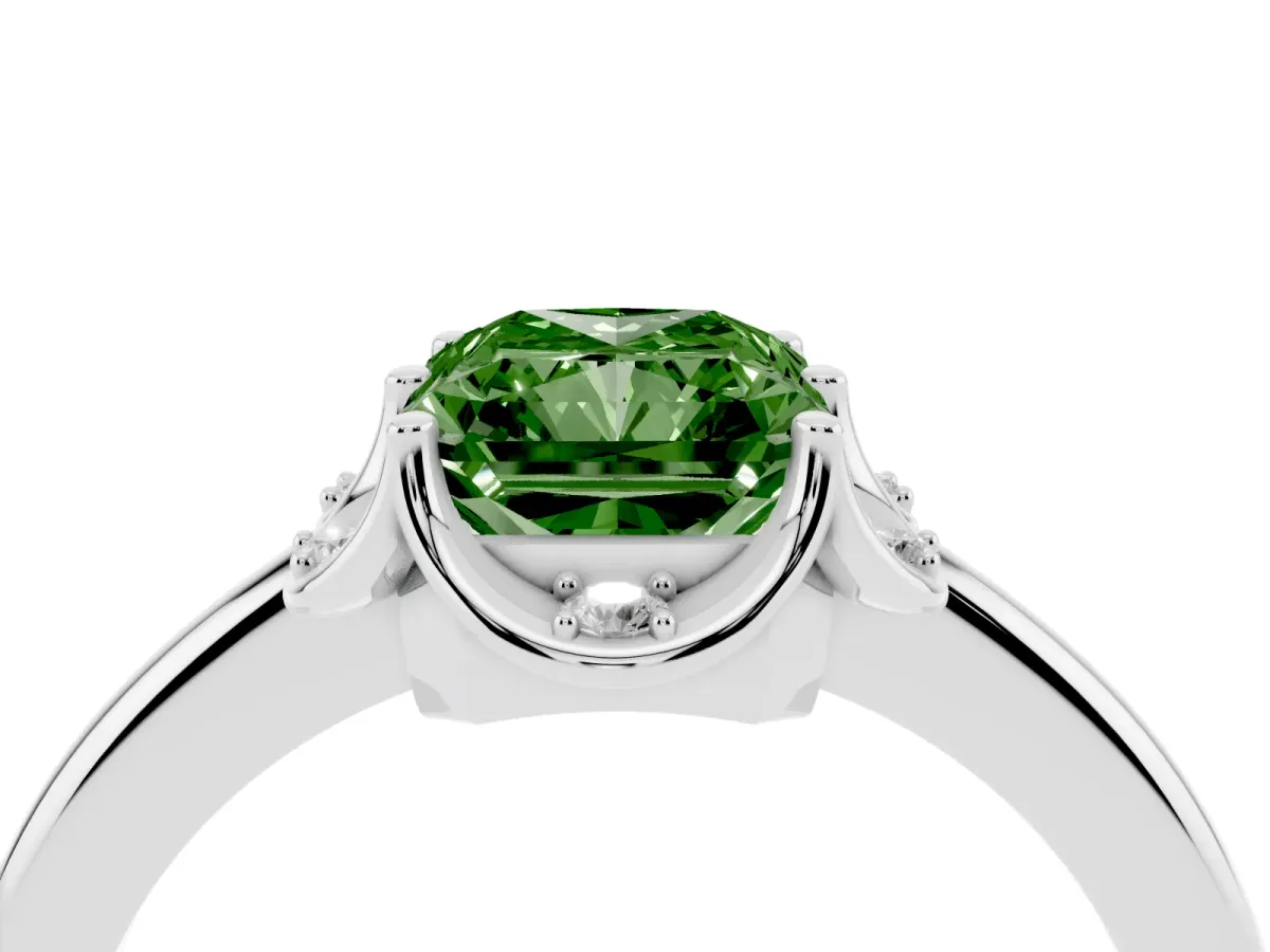 Fancy Green Radiant Cut Halo Diamond Ring with Round Cluster Setting, Solitaire Band, and Four-Prong Setting Silver