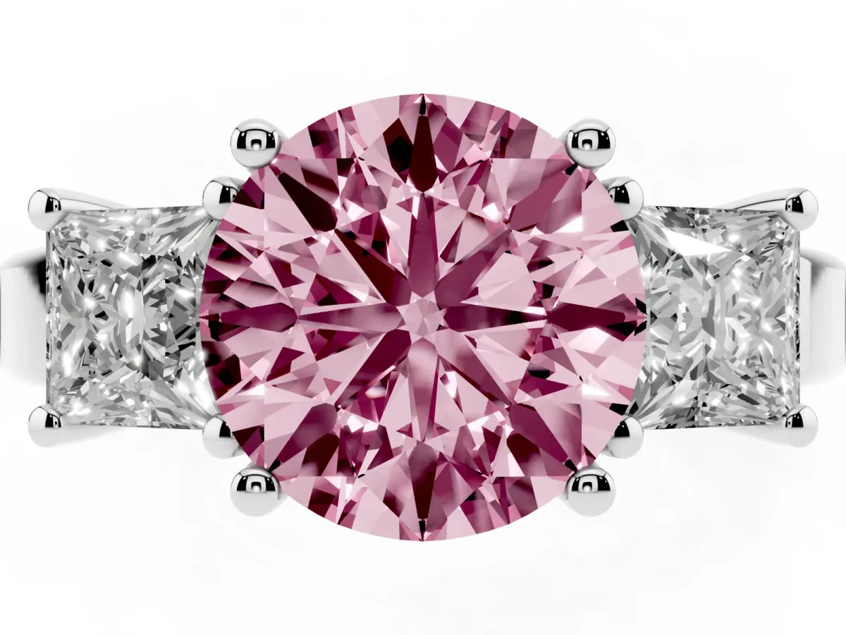 Fancy Pink Three-Stone Round Cut Cut Solitaire Ring with Prong Setting Platinum