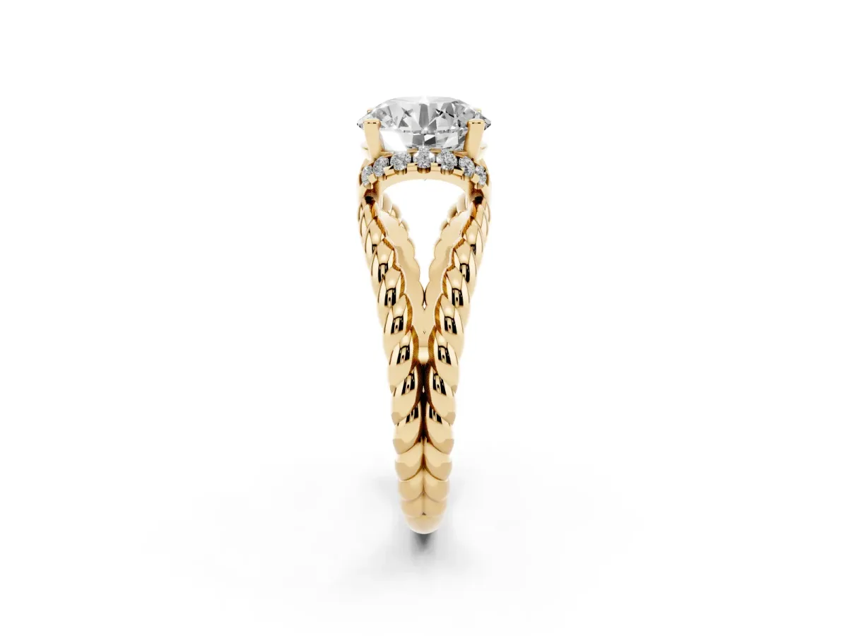 Round Cut Halo Twisted Band Four-Prong Ring Yellow gold