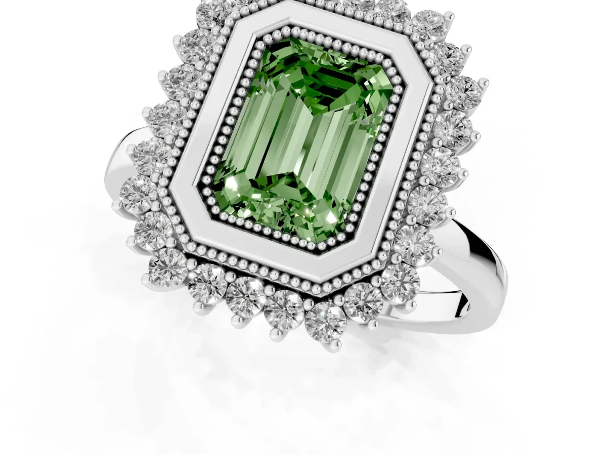 Fancy Green Emerald Cut Halo Diamond Ring with Milgrain Edge and Round Prong Setting Silver