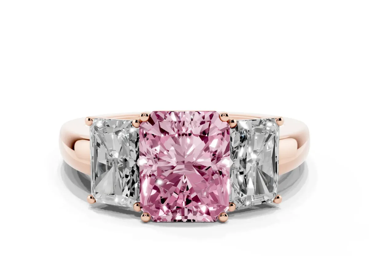 Fancy Pink Radiant Cut Diamond Three-Stone Ring with Four-Prong Setting and Classic Band Rose gold