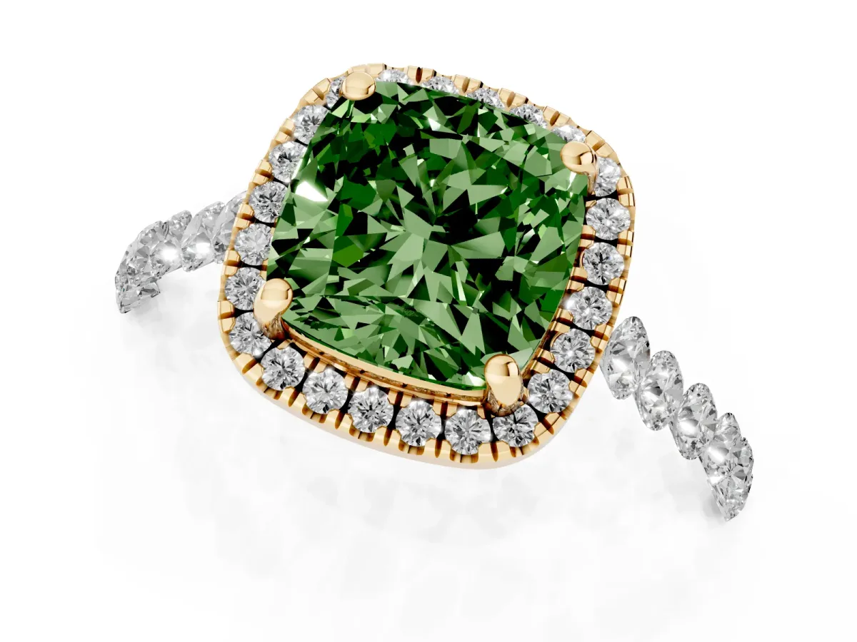 Fancy Green Cushion Cut Halo Pavé Diamond Engagement Ring with Four-Prong Setting Yellow gold