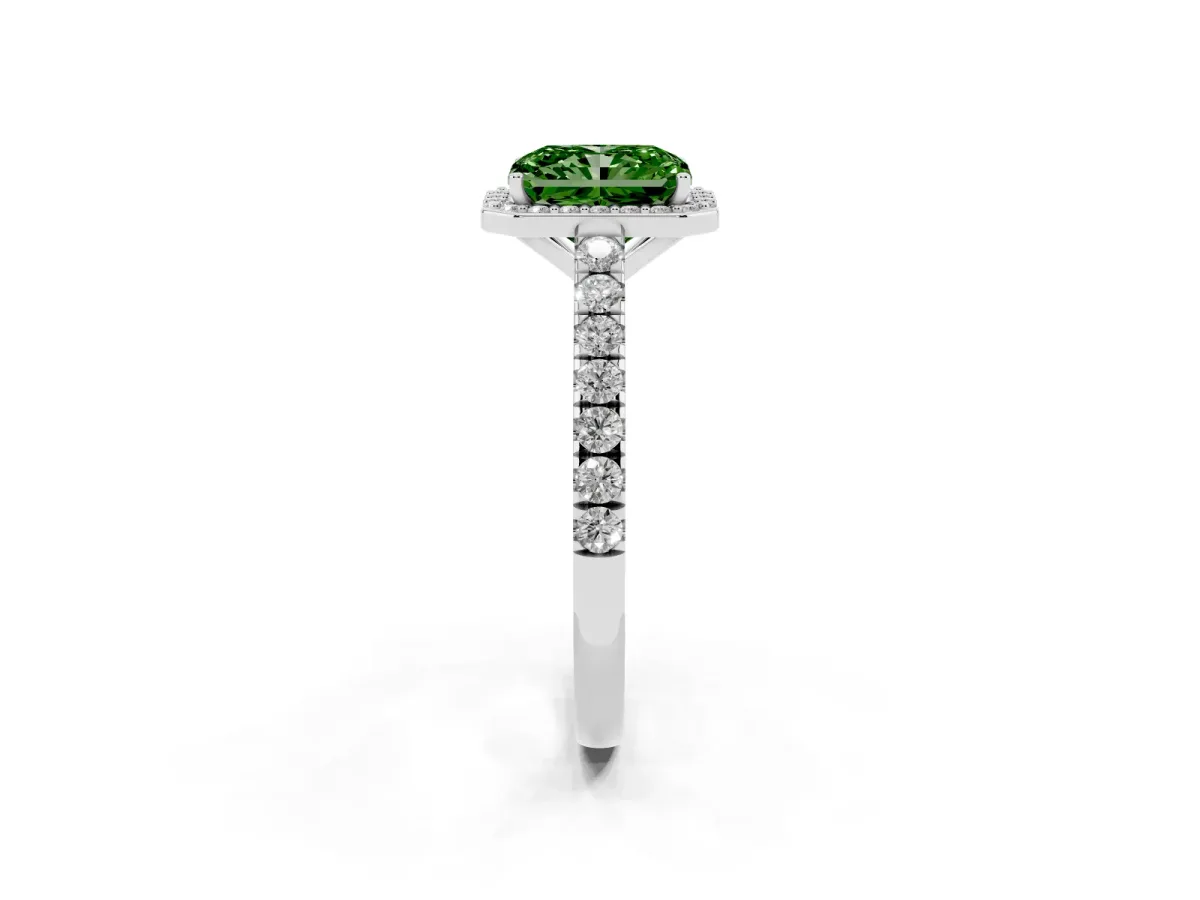 Fancy Green Radiant Cut Cut Halo Diamond Engagement Ring with Pave Band and Four-Prong Setting Platinum