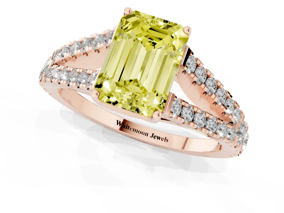Fancy Yellow Emerald Cut Diamond Split Shank Engagement Ring with Round Pavé and Prong Setting Rose gold