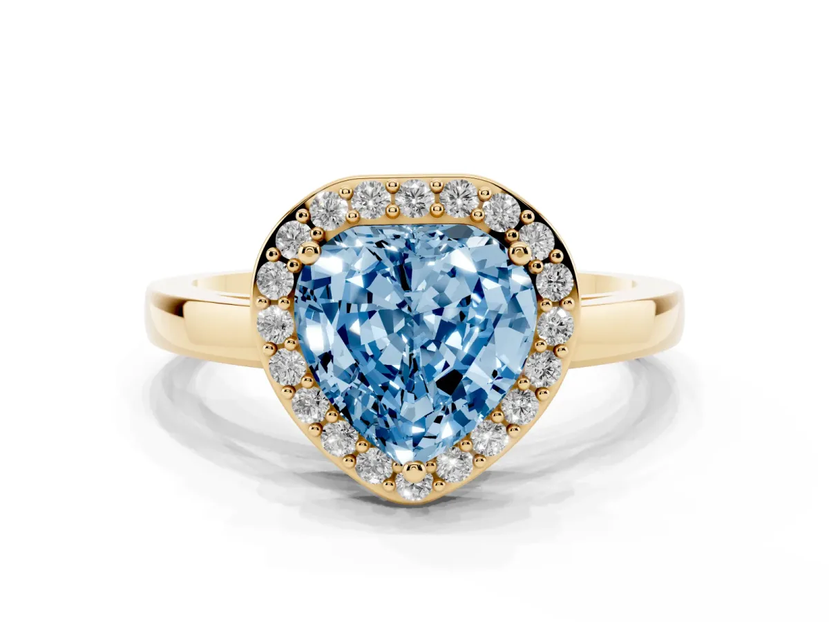 Fancy Blue Heart Cut Halo Diamond Ring with Solitaire Band and Prong Setting Yellow gold