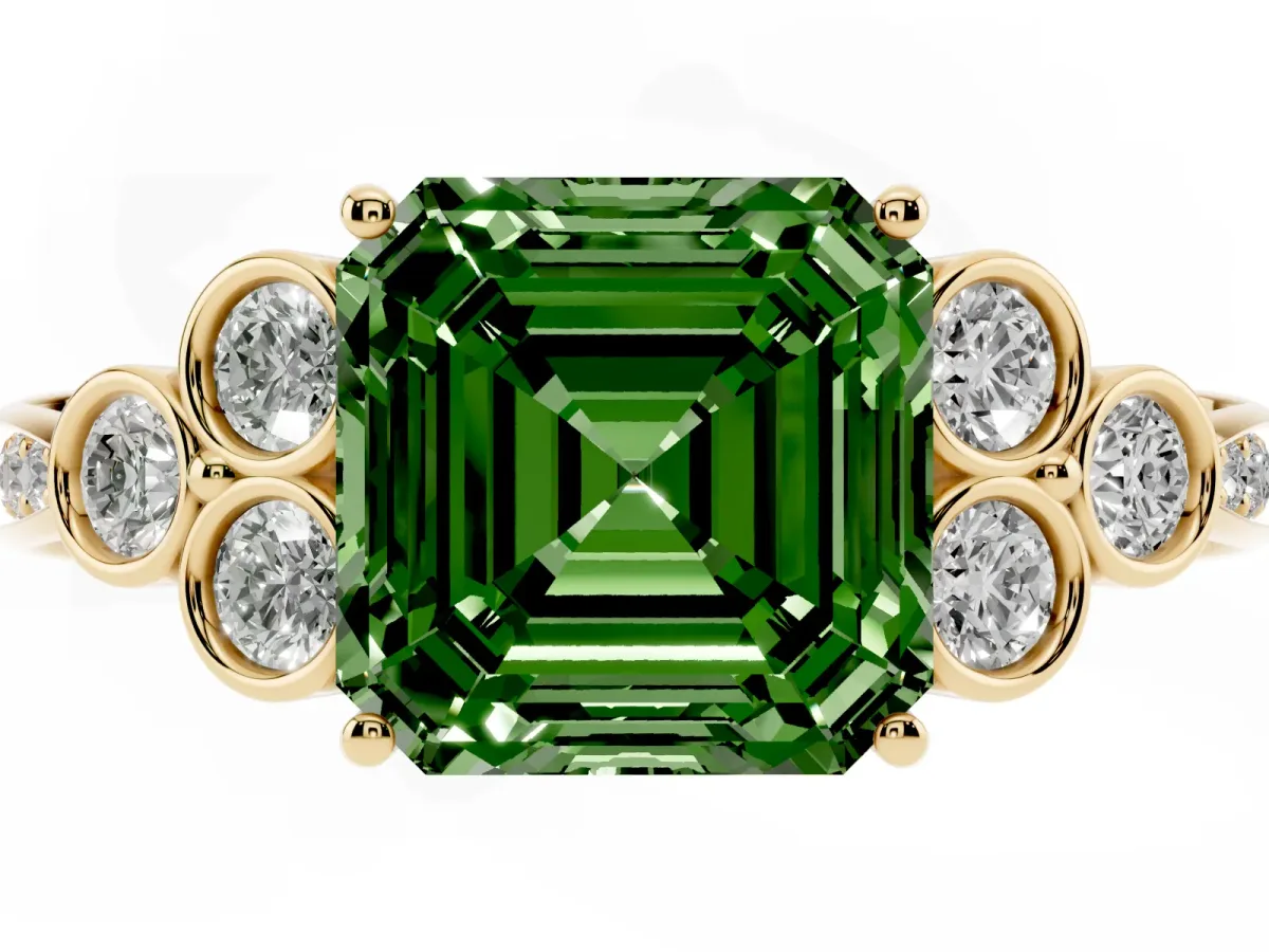 Fancy Green Asscher Cut Cut Diamond Engagement Ring with Bezel Set Round Side Stones and Prong Setting Yellow gold