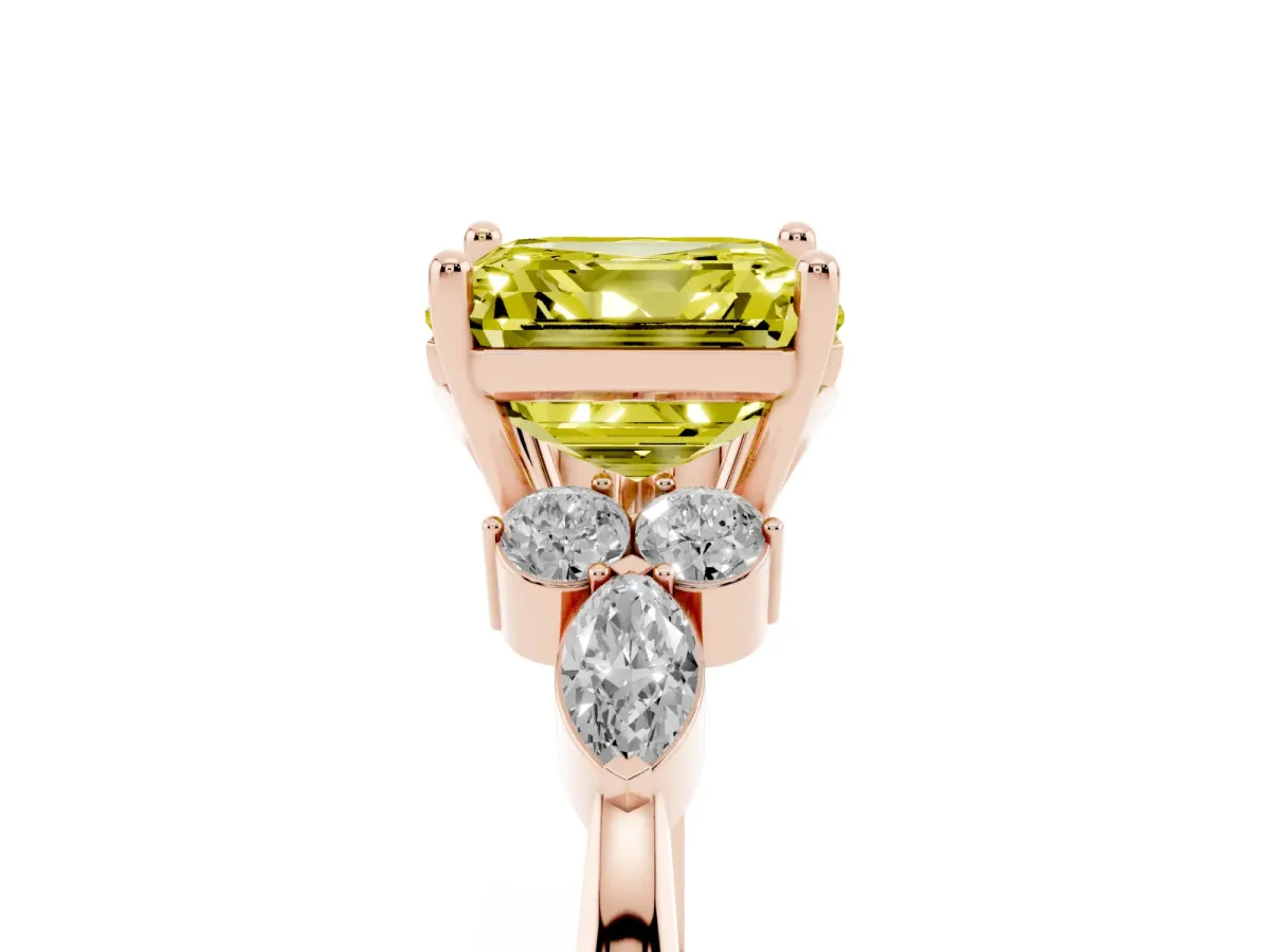Fancy Yellow Asscher Cut Brilliant Diamond Solitaire Ring with Pear Side Stones and Four-Prong Setting Rose gold