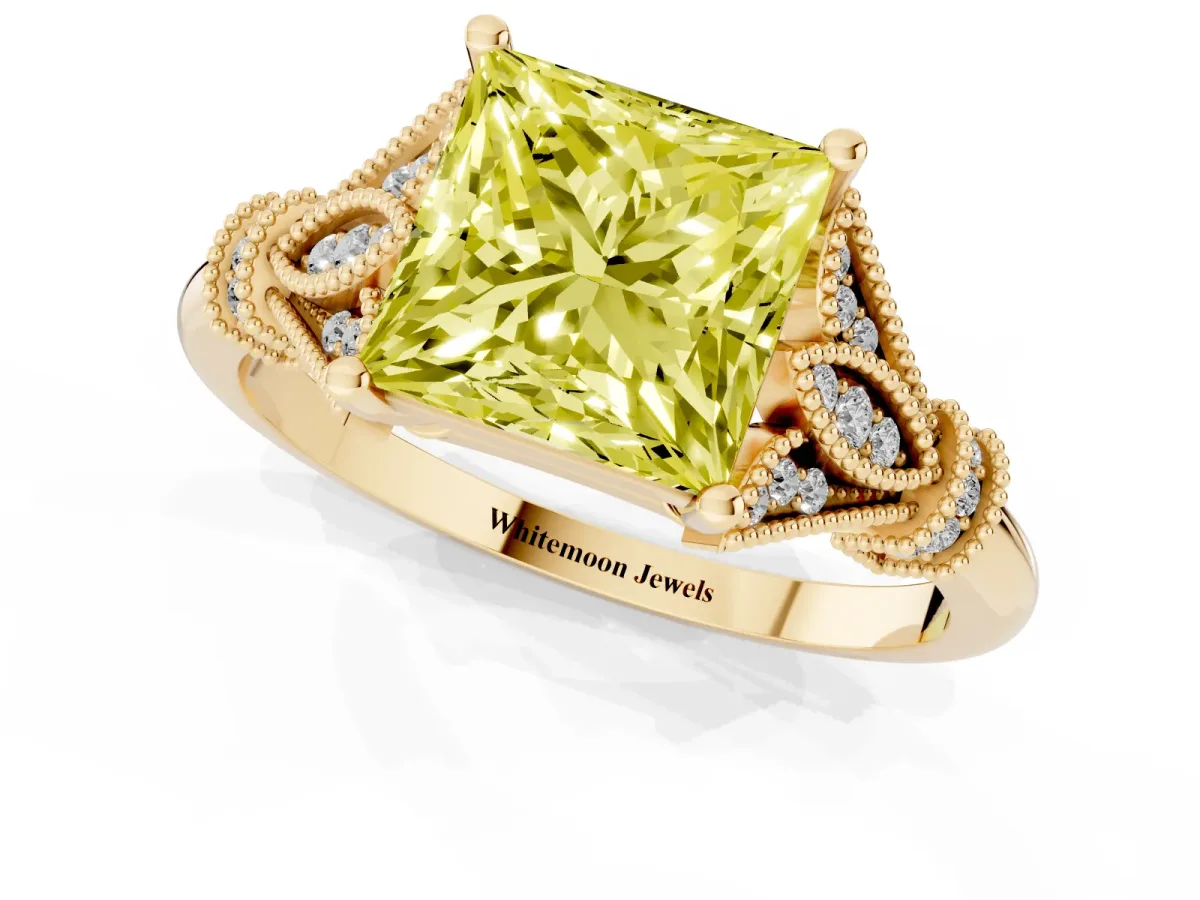 Fancy Yellow Princess Cut Diamond Solitaire Ring with Floral Filigree and Pave Accents Yellow gold