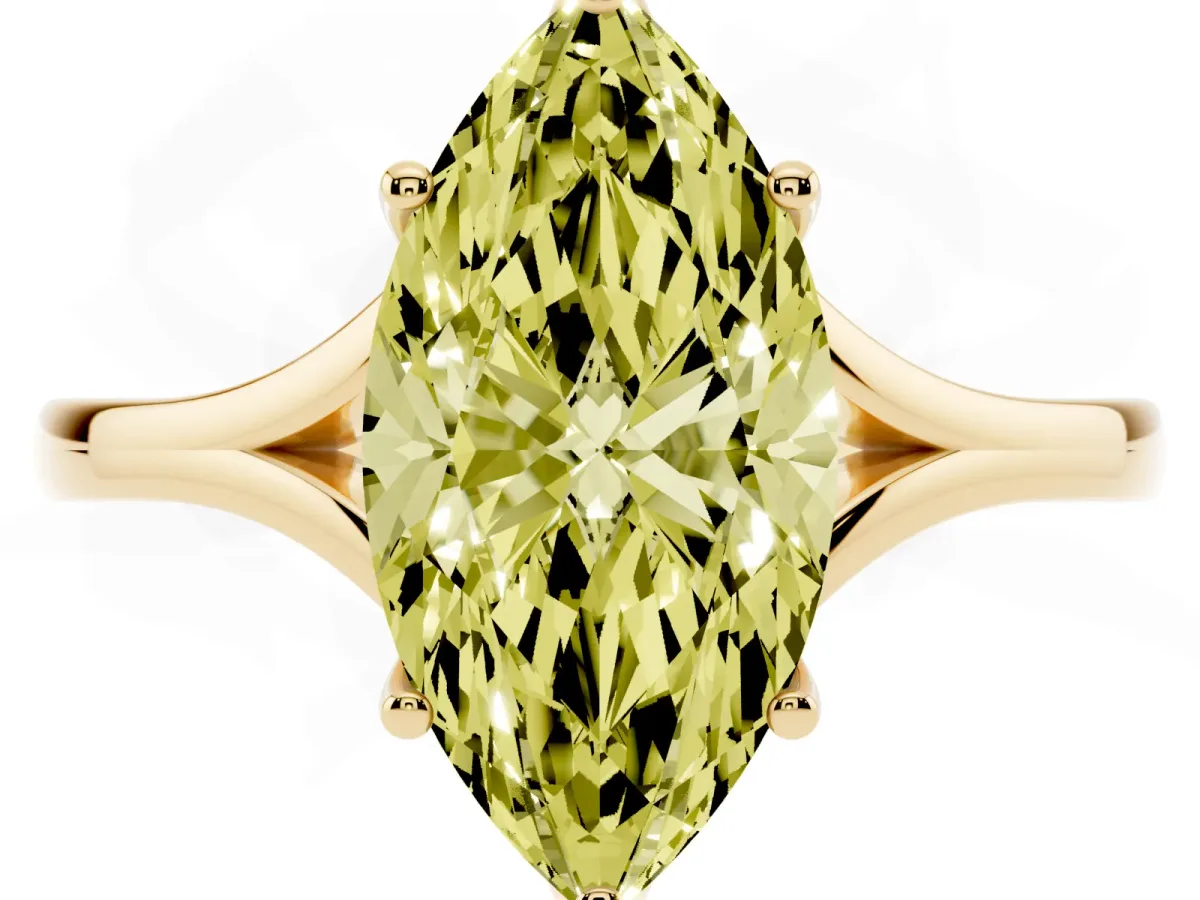 Fancy Yellow Marquise Cut Solitaire Diamond Ring with Six-Prong Setting and Tapered Band Yellow gold