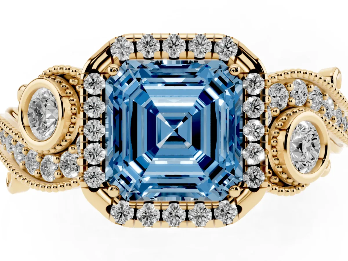 Fancy Blue Asscher Cut Diamond Halo Ring with Milgrain Pavé Band and Four-Prong Setting Yellow gold