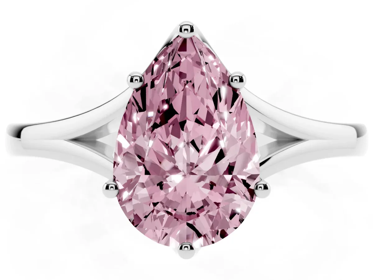 Fancy Pink Pear Cut Solitaire Diamond Ring with Six-Prong Setting and Tapered Band Silver