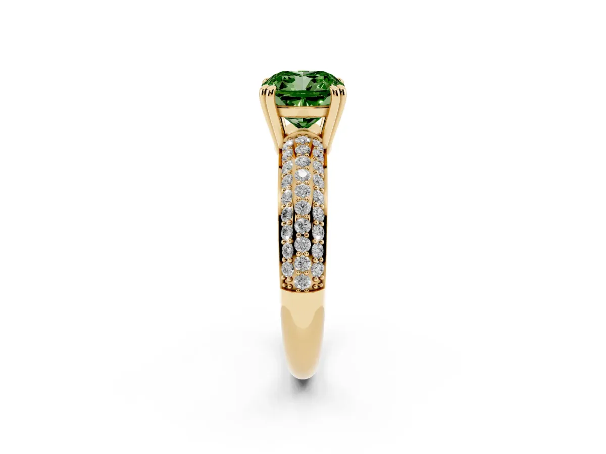 Fancy Green Cushion Cut Diamond Solitaire Ring with Multi-Row Round Pavé Band and Prong Setting Yellow gold