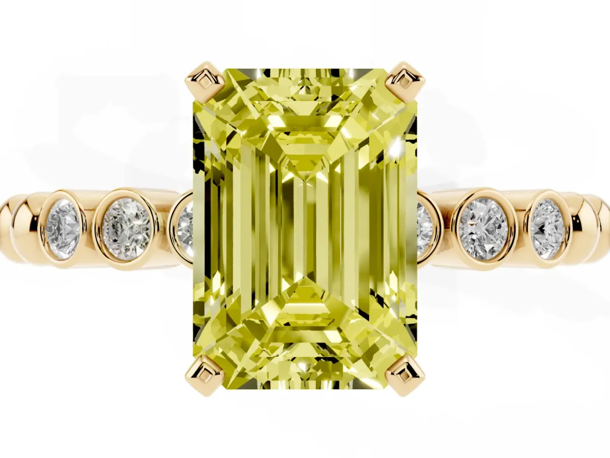 Fancy Yellow Emerald Cut Solitaire Bezel Accent Diamond Engagement Ring with Beaded Band and Four-Prong Setting Yellow gold