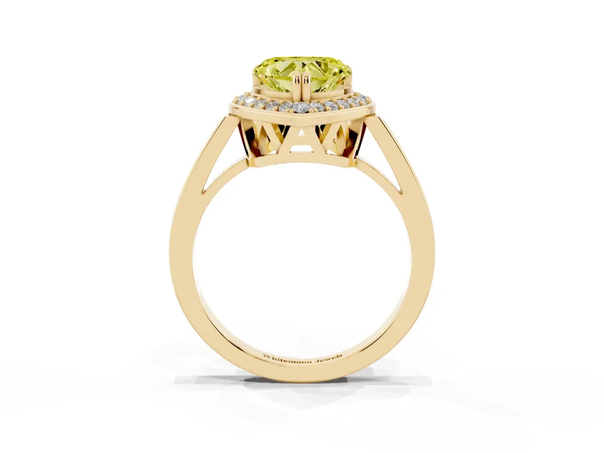 Fancy Yellow Heart Cut Diamond Halo Ring with Split Shank and Four-Prong Setting Yellow gold