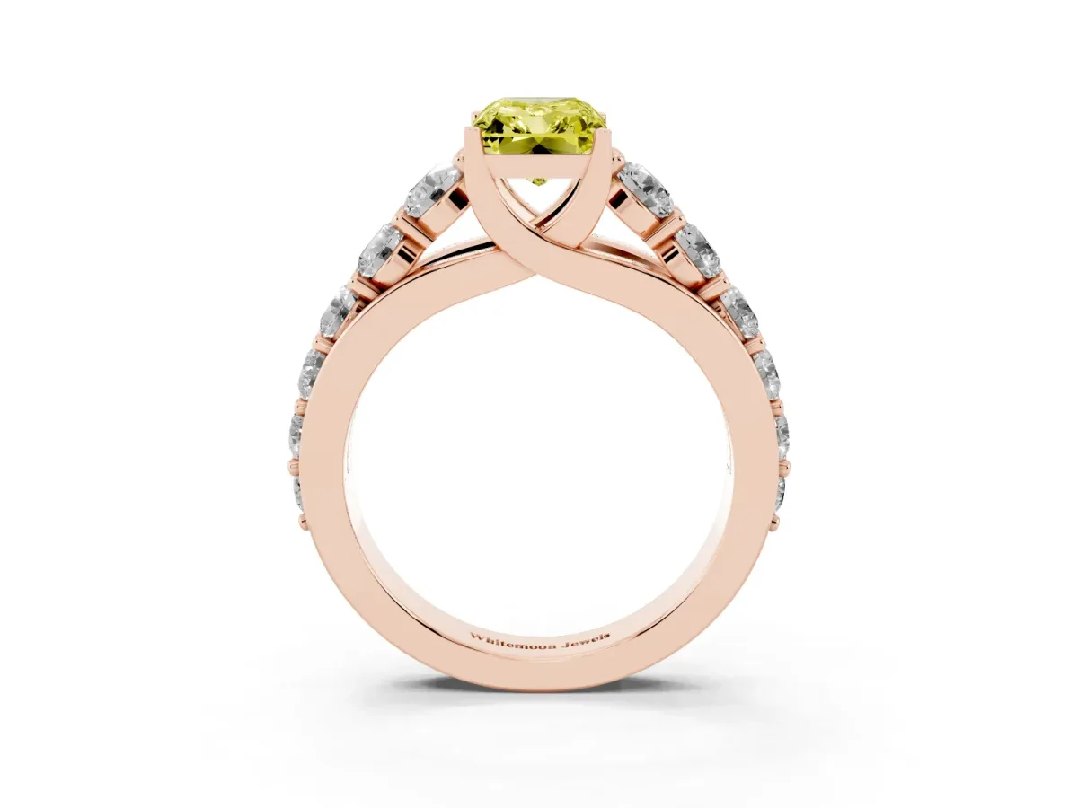 Fancy Yellow Radiant Cut Diamond Engagement Ring with Pavé Band and Four-Prong Setting Rose gold