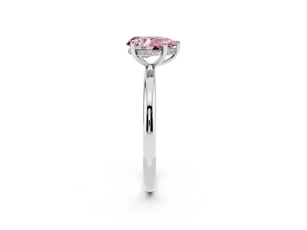 Fancy Pink Pear Cut Diamond Solitaire Ring with Thin Band and Four-Prong Setting Silver