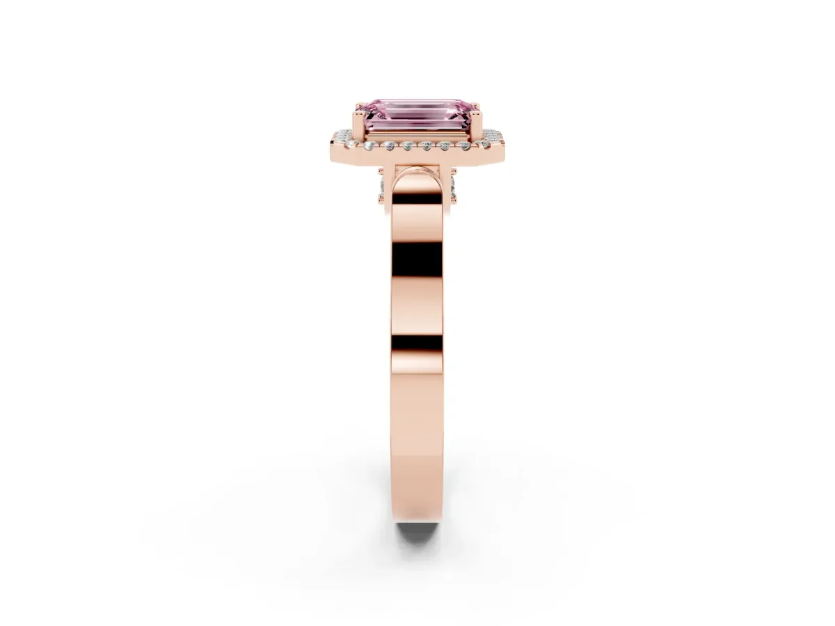 Fancy Pink Emerald Cut Halo Round Diamond Twist Band with Four-Prong Setting Rose gold