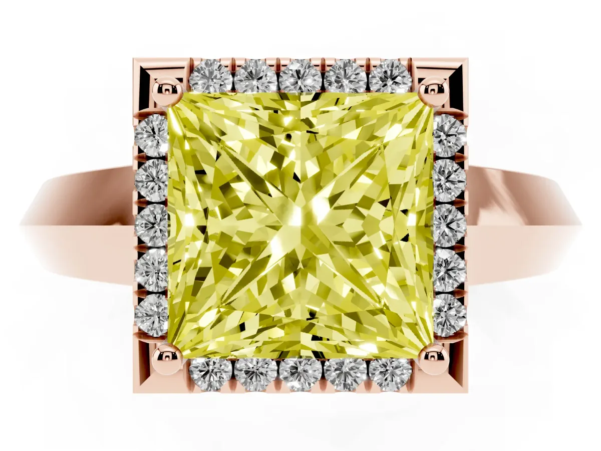Fancy Yellow Princess Cut Halo Diamond Ring with Cathedral Band and Four-Prong Setting Rose gold