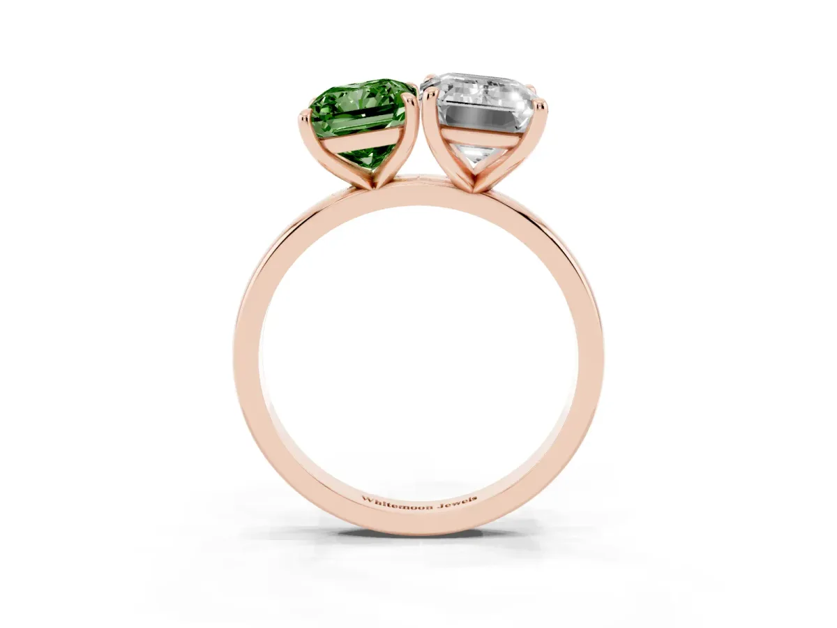Fancy Green Radiant Cut and Emerald Cut Toi Moi Ring with Prong Setting Rose gold