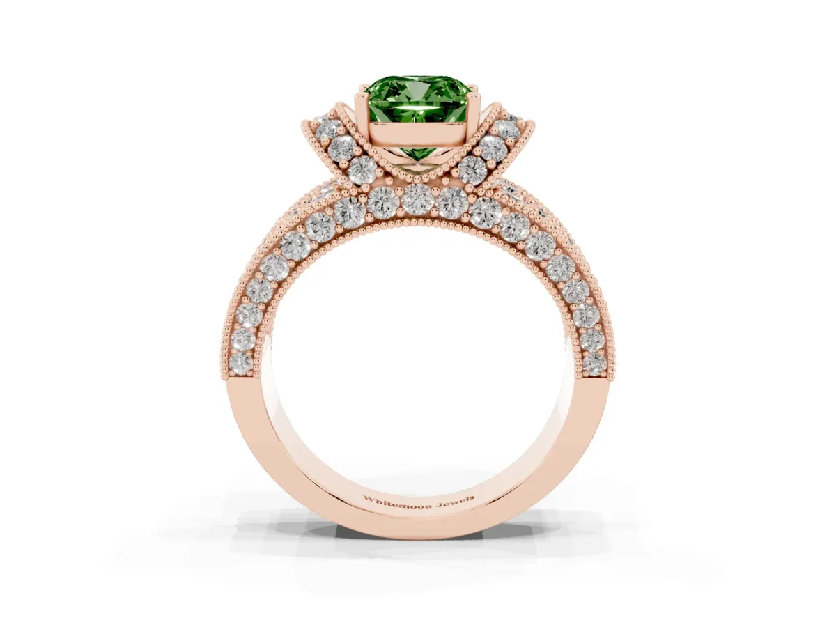 Fancy Green Cushion Cut Halo Pave Diamond Engagement Ring with Milgrain Detailing Rose gold