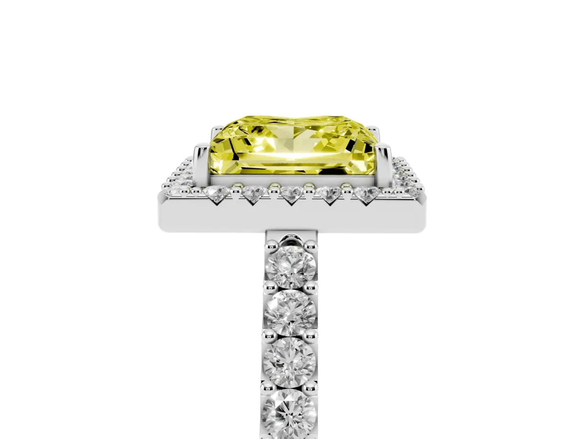 Fancy Yellow Princess Cut Halo Diamond Pavé Solitaire Ring Platinum