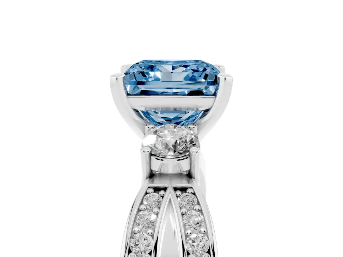 Fancy Blue Three-Stone Princess Cut Cut Diamond Twist Band with Prong Setting Silver