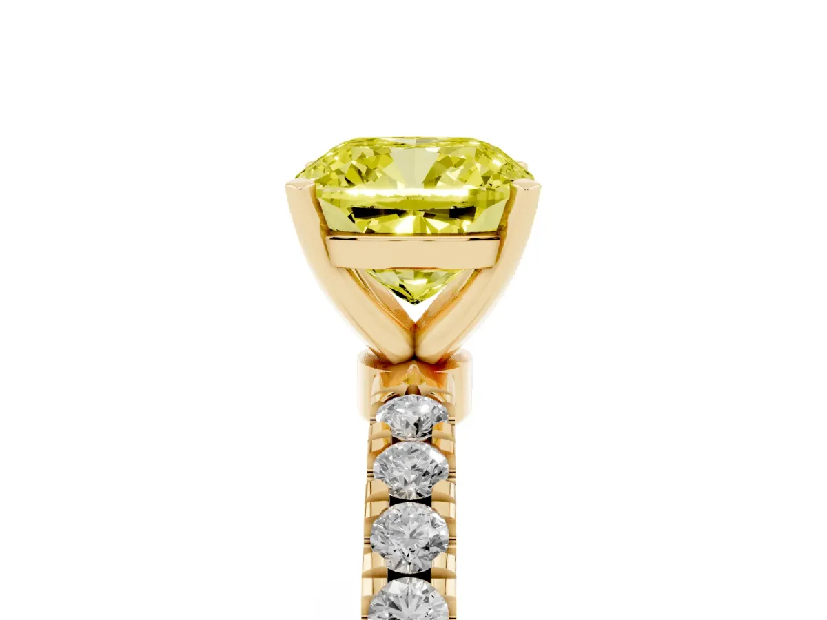 Fancy Yellow Cushion Cut Diamond Solitaire Ring with Pavé Accents and Four-Prong Setting Yellow gold